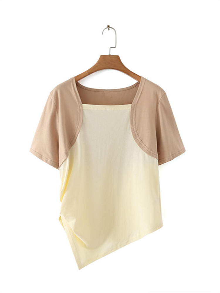 여름용 플러스 사이즈 의류 반팔 티셔츠 크루 넥 대조 색상 스티칭 비대칭 밑단 대형 솔리드 컬러 패션 티셔츠